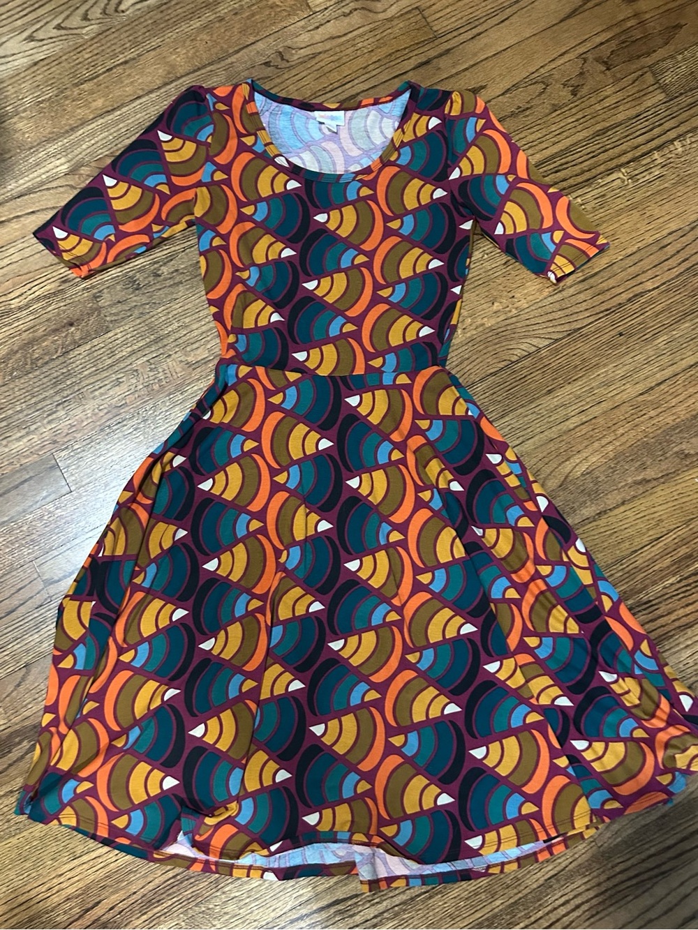 LuLaRoe Multicolor Geometric Scoop Neck Dress - Teal, Orange, Burgundy